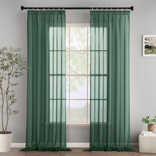 Woaboy Gardinen mit Kräuselband Fenster Voile Vorhänge Wohnzimmer Transparent Sheer Curtains Stores Gardine Schlafzimmer Modern Schlaufengardinen 2er Set 140x245cm (BxH) Dunkelgrün von Woaboy