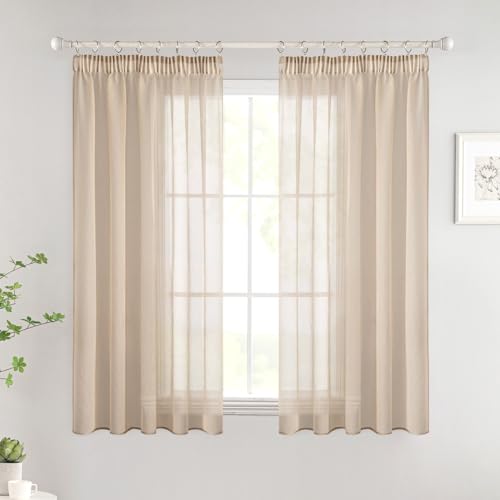 Woaboy Gardinen mit Kräuselband Kurz Fenster Voile Vorhänge Wohnzimmer Transparent Sheer Curtains Stores Gardine Schlafzimmer Modern Schlaufengardinen 2er Set 140x145cm (BxH) Beige von Woaboy