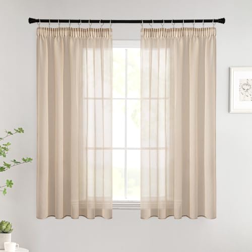 Woaboy Gardinen mit Kräuselband Kurz Fenster Voile Vorhänge Wohnzimmer Transparent Sheer Curtains Stores Gardine Schlafzimmer Modern Schlaufengardinen 2er Set 140x145cm (BxH) Beige von Woaboy