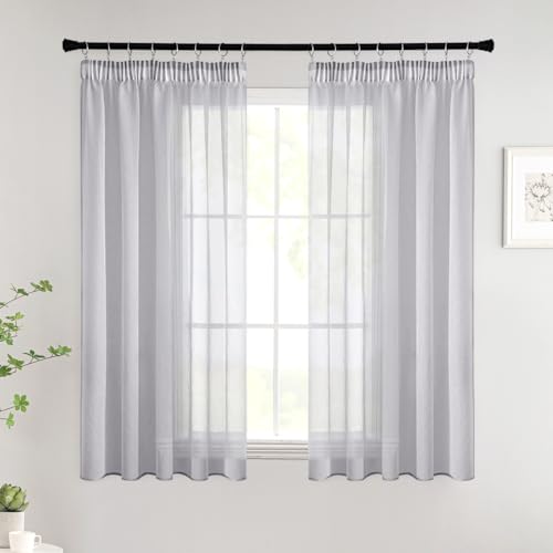 Woaboy Gardinen mit Kräuselband Kurz Fenster Voile Vorhänge Wohnzimmer Transparent Sheer Curtains Stores Gardine Schlafzimmer Modern Schlaufengardinen 2er Set 140x145cm (BxH) Grau von Woaboy