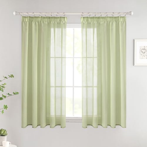 Woaboy Gardinen mit Kräuselband Kurz Fenster Voile Vorhänge Wohnzimmer Transparent Sheer Curtains Stores Gardine Schlafzimmer Modern Schlaufengardinen 2er Set 140x145cm (BxH) Grün von Woaboy