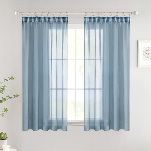 Woaboy Gardinen mit Kräuselband Kurz Fenster Voile Vorhänge Wohnzimmer Transparent Sheer Curtains Stores Gardine Schlafzimmer Modern Schlaufengardinen 2er Set 140x145cm (BxH) Navy Blau von Woaboy