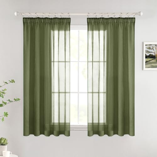 Woaboy Gardinen mit Kräuselband Kurz Fenster Voile Vorhänge Wohnzimmer Transparent Sheer Curtains Stores Gardine Schlafzimmer Modern Schlaufengardinen 2er Set 140x145cm (BxH) Olivergrün von Woaboy