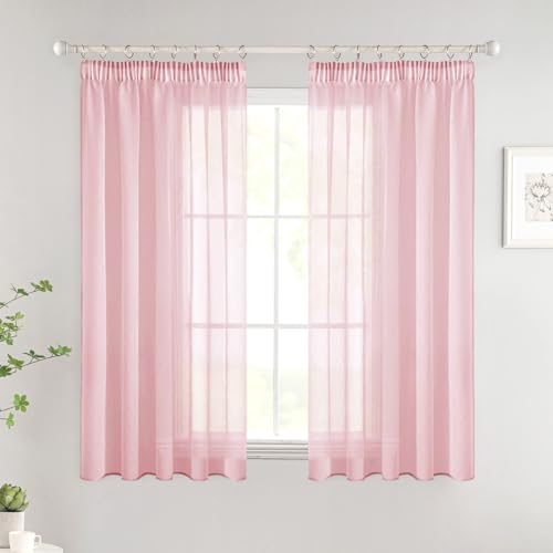 Woaboy Gardinen mit Kräuselband Kurz Fenster Voile Vorhänge Wohnzimmer Transparent Sheer Curtains Stores Gardine Schlafzimmer Modern Schlaufengardinen 2er Set 140x145cm (BxH) Rosa von Woaboy
