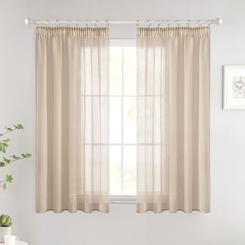 Woaboy Gardinen mit Kräuselband Kurz Fenster Voile Vorhänge Wohnzimmer Transparent Sheer Curtains Stores Gardine Schlafzimmer Modern Schlaufengardinen 2er Set 140x160cm (BxH) Beige von Woaboy