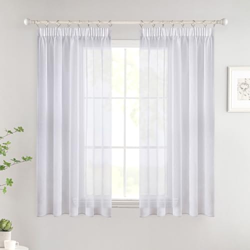Woaboy Gardinen mit Kräuselband Kurz Fenster Voile Vorhänge Wohnzimmer Transparent Sheer Curtains Stores Gardine Schlafzimmer Modern Schlaufengardinen 2er Set 140x160cm (BxH) Weiß von Woaboy
