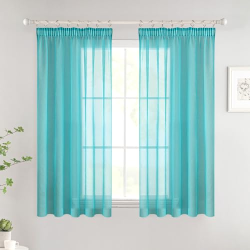 Woaboy Gardinen mit Kräuselband Kurz Fenster Voile Vorhänge Wohnzimmer Transparent Sheer Curtains Stores Gardine Schlafzimmer Modern Schlaufengardinen 2er Set 140x225cm (BxH) Türkis von Woaboy