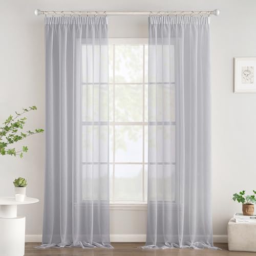 Woaboy Gardinen mit Kräuselband Voile Vorhänge Wohnzimmer Transparent Sheer Curtains Stores Gardine Schlafzimmer Modern Schlaufengardinen 2er Set 140x225cm (BxH) Grau von Woaboy