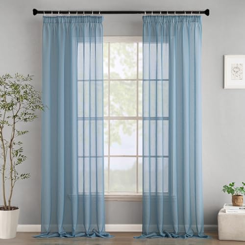 Woaboy Gardinen mit Kräuselband Voile Vorhänge Wohnzimmer Transparent Sheer Curtains Stores Gardine Schlafzimmer Modern Schlaufengardinen 2er Set 140x225cm (BxH) Navy Blau von Woaboy