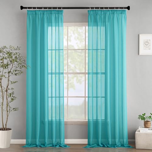 Woaboy Gardinen mit Kräuselband Voile Vorhänge Wohnzimmer Transparent Sheer Curtains Stores Gardine Schlafzimmer Modern Schlaufengardinen 2er Set 140x225cm (BxH) Türkis von Woaboy