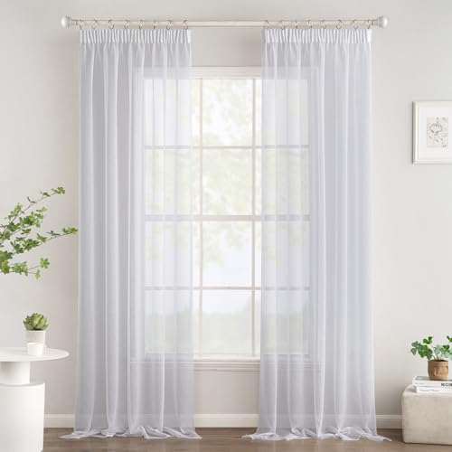 Woaboy Gardinen mit Kräuselband Voile Vorhänge Wohnzimmer Transparent Sheer Curtains Stores Gardine Schlafzimmer Modern Schlaufengardinen 2er Set 140x225cm (BxH) Weiß von Woaboy