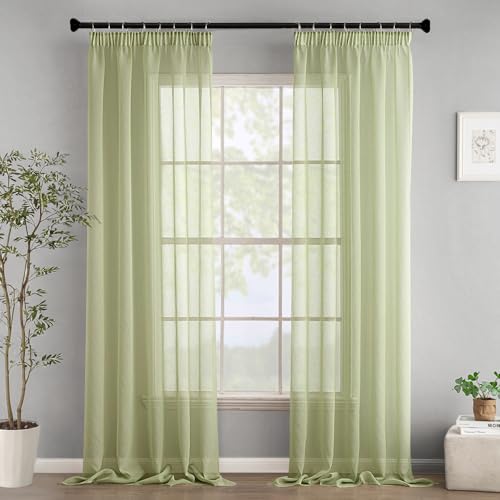 Woaboy Gardinen mit Kräuselband Voile Vorhänge Wohnzimmer Transparent Sheer Curtains Stores Gardine Schlafzimmer Modern Schlaufengardinen 2er Set 140x245cm (BxH) Grün von Woaboy