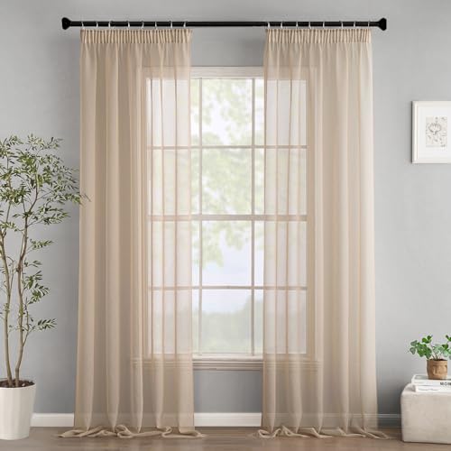 Woaboy Gardinen mit Kräuselband Voile Vorhänge Wohnzimmer Transparent Sheer Curtains Stores Gardine Schlafzimmer Modern Schlaufengardinen 2er Set 140x260cm (BxH) Beige von Woaboy