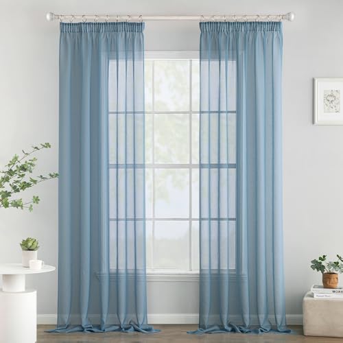 Woaboy Gardinen mit Kräuselband Voile Vorhänge Wohnzimmer Transparent Sheer Curtains Stores Gardine Schlafzimmer Modern Schlaufengardinen 2er Set 140x260cm (BxH) Navy Blau von Woaboy