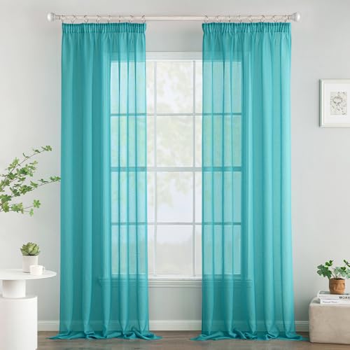 Woaboy Gardinen mit Kräuselband Voile Vorhänge Wohnzimmer Transparent Sheer Curtains Stores Gardine Schlafzimmer Modern Schlaufengardinen 2er Set 140x260cm (BxH) Türkis von Woaboy