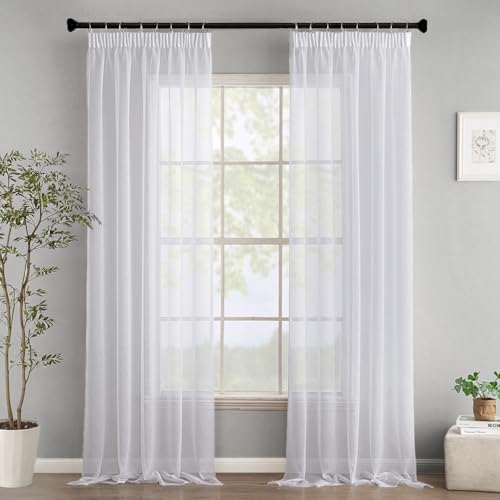 Woaboy Gardinen mit Kräuselband Voile Vorhänge Wohnzimmer Transparent Sheer Curtains Stores Gardine Schlafzimmer Modern Schlaufengardinen 2er Set 140x260cm (BxH) Weiß von Woaboy