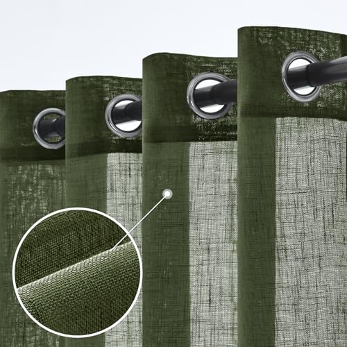 Woaboy Leinen Gardinen Grün Vorhänge Wohnzimmer Halbtransparent mit Ösen Stores Gardine Leinenoptik Schlafzimmer Modern Ösenvorhang Schlaufengardinen 2er Set 140x260cm (BxH) Matcha Grün von Woaboy