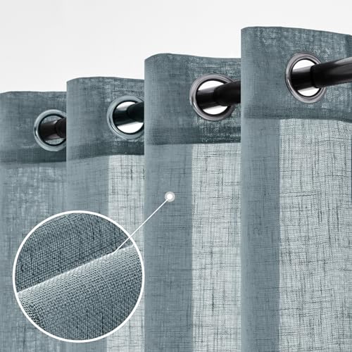 Woaboy Leinen Gardinen Halbtransparent Vorhänge Leinenoptik Wohnzimmer mit Ösen Stores Gardine Schlafzimmer Modern Ösenvorhang Schlaufengardinen 2er Set 140x225cm (BxH) Navy Blau von Woaboy