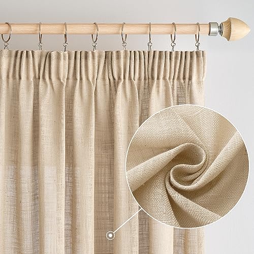 Woaboy Leinen Gardinen mit Kräuselband Vorhänge Wohnzimmer Leinenoptik Halbtransparent Stores Gardine Schlafzimmer Modern Schlaufengardinen 2er Set 140x225cm (BxH) Beige von Woaboy