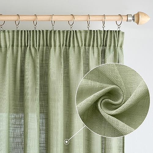 Woaboy Leinen Gardinen mit Kräuselband Vorhänge Wohnzimmer Leinenoptik Halbtransparent Stores Gardine Schlafzimmer Modern Schlaufengardinen 2er Set 140x260cm (BxH) Grün von Woaboy