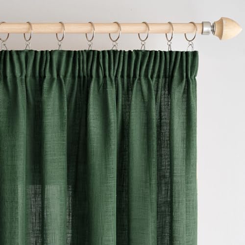Woaboy Leinen Gardinen mit Kräuselband Vorhänge Wohnzimmer Leinenoptik Halbtransparent Stores Gardine Schlafzimmer Modern Schlaufengardinen 2er Set 140x260cm (BxH) Dunkelgrün von Woaboy