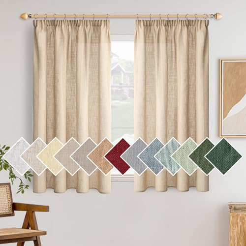 Woaboy Leinen Kruz Gardinen mit Kräuselband Vorhänge Wohnzimmer Leinenoptik Halbtransparent Stores Gardine Schlafzimmer Modern SchlaufenKruz Gardinen 2er Set 140x145cm (BxH) Beige von Woaboy