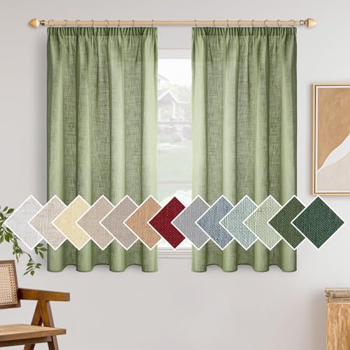Woaboy Leinen Kruz Gardinen mit Kräuselband Vorhänge Wohnzimmer Leinenoptik Halbtransparent Stores Gardine Schlafzimmer Modern SchlaufenKruz Gardinen 2er Set 140x175cm (BxH) Grün von Woaboy