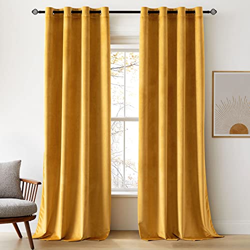 Woaboy Samtvorhänge Verdunkelungsvorhang Gardinen Samt mit Ösen Blickdicht für Wohnzimmer Blackout Curtains Thermovorhang Schalldämmend Schlafzimmer 2er Set 140x215cm (B x H) Gelb von Woaboy