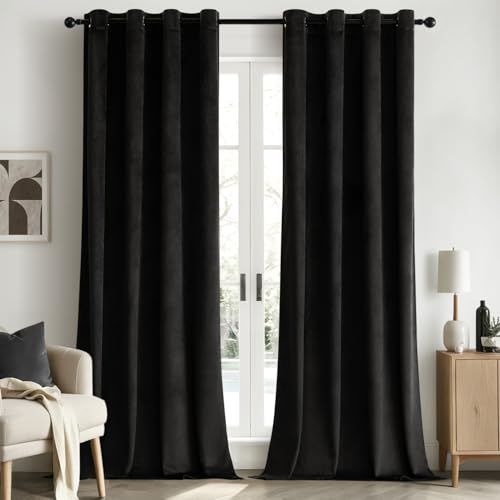 Woaboy Samtvorhänge Verdunkelungsvorhang Gardinen Samt mit Ösen Blickdicht für Wohnzimmer Blackout Curtains Thermovorhang Schalldämmend Schlafzimmer 2er Set 140x225cm (B x H) Schwarz von Woaboy