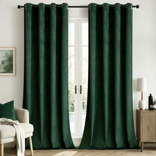 Woaboy Samtvorhänge Verdunkelungsvorhang Gardinen Samt mit Ösen Blickdicht für Wohnzimmer Blackout Curtains Thermovorhang Schalldämmend Schlafzimmer 2er Set 140x225cm (B x H) Tannengrün von Woaboy