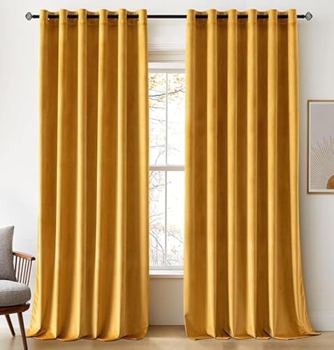 Woaboy Samtvorhänge Verdunkelungsvorhang Gardinen Samt mit Ösen Blickdicht für Wohnzimmer Blackout Curtains Thermovorhang Schalldämmend Schlafzimmer 2er Set 228x228cm (B x H) Gelb von Woaboy