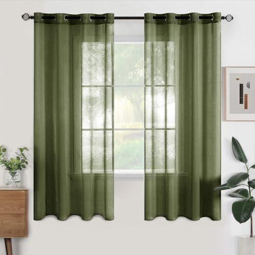 Woaboy Voile Gardinen Kurz Vorhänge Transparent Wohnzimmer mit Ösen Stores Gardinen Schlafzimmer Ösenvorhang Scheibengardine Schlaufengardinen Modern 2er Set 140x145 cm (B x H) Olivergrün von Woaboy