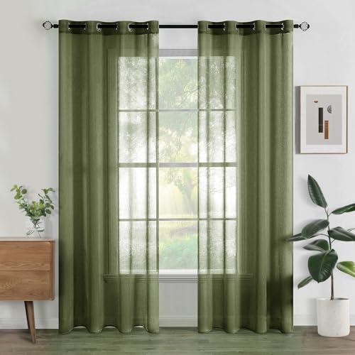 Woaboy Voile Gardinen Vorhänge Transparent Wohnzimmer mit Ösen Stores Gardinen Schlafzimmer Ösenvorhang Scheibengardine Schlaufengardinen Modern 2er Set 140x260 cm (B x H) Olivergrün von Woaboy