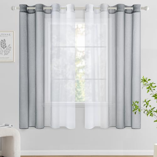 Woaboy Voile Vorhang Zweifarbiger Vorhang mit Ösen Transparente Gardine Ösenschal Dekoschal Fensterschal Lichtdurchlässig für Schlafzimmer und Wohnzimmer 2er Set 140x145cm Grau von Woaboy