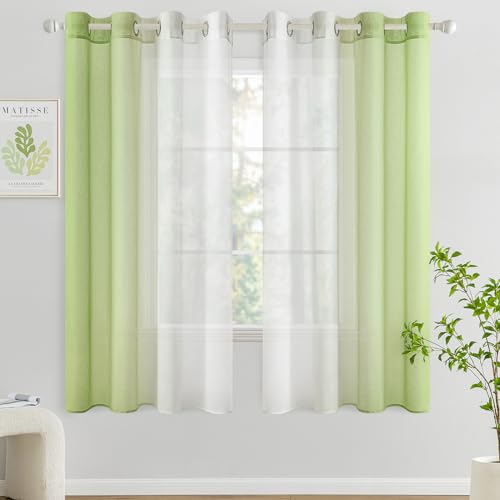 Woaboy Voile Vorhang Zweifarbiger Vorhang mit Ösen Transparente Gardine Ösenschal Dekoschal Fensterschal Lichtdurchlässig für Schlafzimmer und Wohnzimmer 2er Set 140x145cm Grün von Woaboy