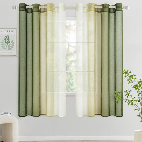 Woaboy Voile Vorhang Zweifarbiger Vorhang mit Ösen Transparente Gardine Ösenschal Dekoschal Fensterschal Lichtdurchlässig für Schlafzimmer und Wohnzimmer 2er Set 140x175cm Olivergrün von Woaboy