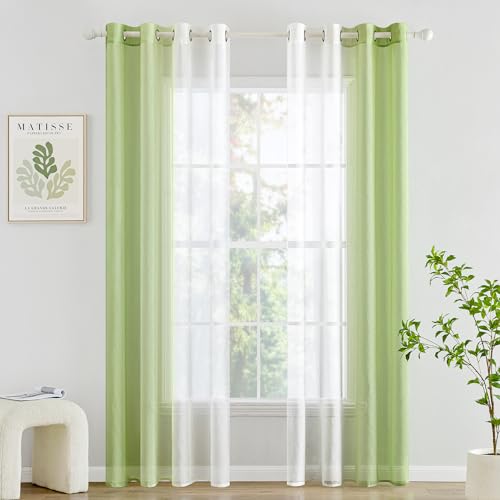 Woaboy Voile Vorhang Zweifarbiger Vorhang mit Ösen Transparente Gardine Ösenschal Dekoschal Fensterschal Lichtdurchlässig für Schlafzimmer und Wohnzimmer 2er Set 140x260cm Grün von Woaboy