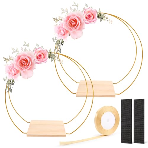 Wobekuy 2 Stück Metall Floral Hoop Mittelstück für Tisch Gold Metall Ringe mit Holzständer, Kranz Metallring für DIY Hochzeit Party Tischdekoration von Wobekuy