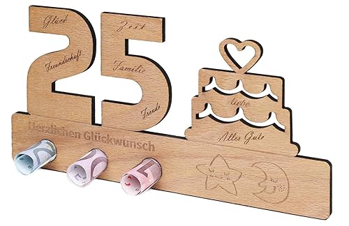 Geldgeschenk Holz- Holz-Schild Gästebuch- Geschenk zum 25.Geburtstag - Jubiläum - Dekoration - Geldgeschenkständer aus Holz - Holzaufsteller 25 für Geld- Geschenk, Gästebuch als Geburtstagskarte von Wobequ