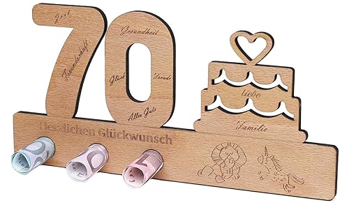 Geldgeschenk Holz- Holz-Schild Gästebuch- Geschenk zum 70.Geburtstag - Jubiläum - Dekoration - Geldgeschenkständer aus Holz - Holzaufsteller 70 für Geld- Geschenk, Gästebuch als Geburtstagskarte von Wobequ