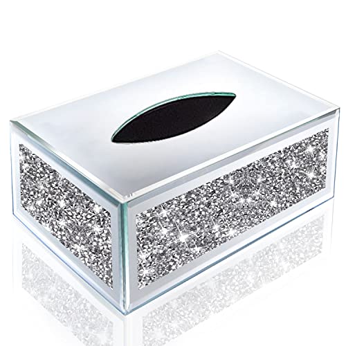 Wocred Rechteckige verspiegelte Taschentuchbox, KristallDiamantTaschentuchbox, silberfarben, LuxusTaschentuchhalter für Taschentücher im Badezimmer oder Servietten auf einem Tisch. (25,4 x 14,5 x von Wocred
