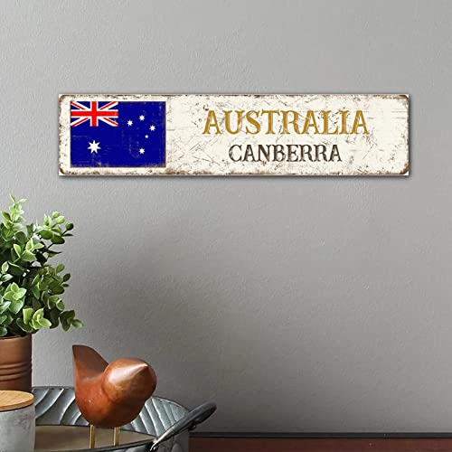 Holzschild Australien Hauptstadt Canberra Bauernhaus Schlafzimmer Dekor Lustiges Schild Land Stadt Rustikales Holzschild Plaque Shop Store Salon 10,2 x 45,7 cm Distressed Primitive Country Holzschild von Wodevor