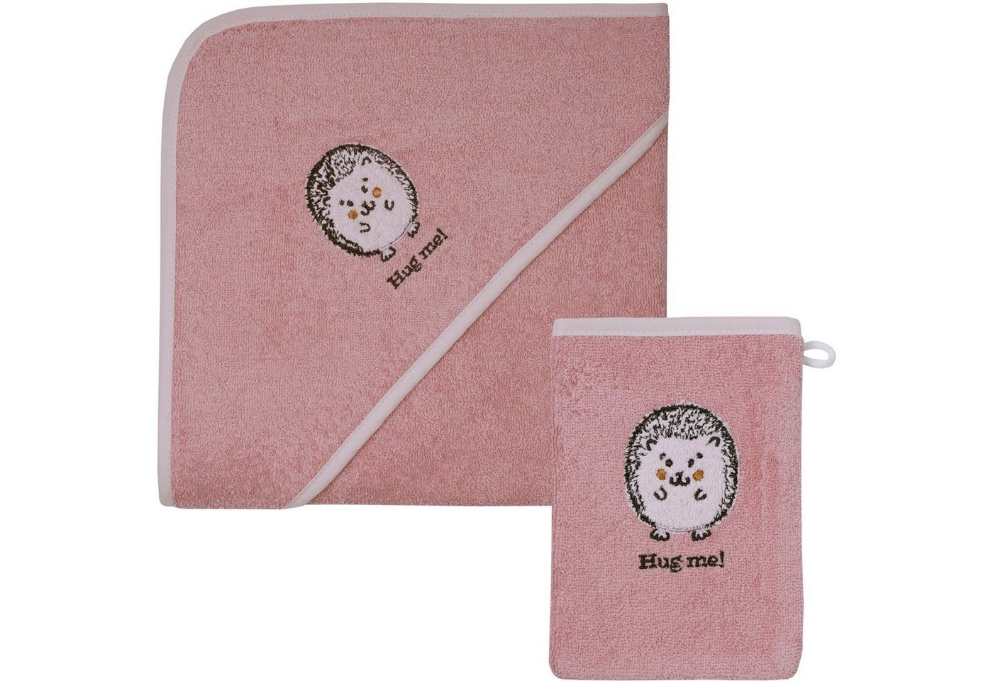 Wörner Handtuch Set Igel rosa Kapuzenbadetuch 100/100 mit Waschhandschuh, Frottier (Spar-Set, 2-St), mi süßer Igelstickerei von Wörner