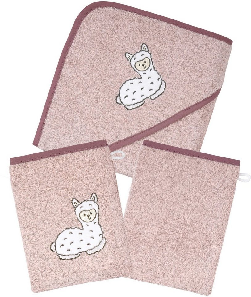 Wörner Handtuch Set Lama rosa Kapuzenbadetuch mit 2 Waschhandschuhen, Frottier (Spar-Set, 3-St), mit süßer Lamastickerei von Wörner