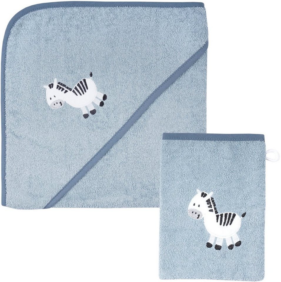 Wörner Handtuch Set Zebra blau Kapuzenbadetuch 100/100 mit Waschhandschuh, Frottier (Spar-Set, 2-St), mit süßer Zebrastickerei von Wörner