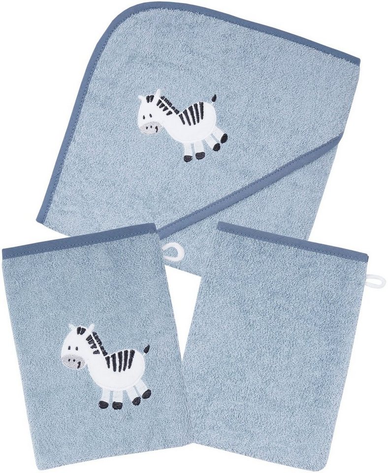 Wörner Handtuch Set Zebra blau Kapuzenbadetuch mit 2 Waschhandschuhen, Frottier (Spar-Set, 3-St), mit süßer Zebrastickerei von Wörner
