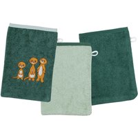 Wörner Waschhandschuh "Erdmännchen Waschhandschuh 3er Set", (3 St., 3er Set Waschhandschuhe 15 x 21 cm), 1x Stickerei Erdmännchen, 2x unifarben von Wörner