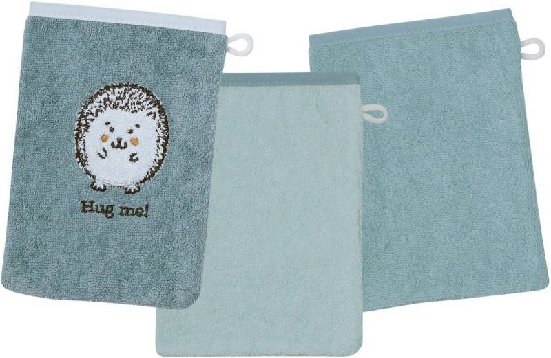 Wörner Waschhandschuh Igel blau Waschhandschuh 3er Set, (3-St), 1x mit süßer Igelstickerei, 2x unifarben von Wörner