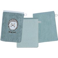 Wörner Waschhandschuh "Igel blau Waschhandschuh 3er Set", (3 St., Kapuzenhandtuch 80 x 80 cm-2x Waschhandschuhe 15 x 21 cm), 1x mit süßer Igelstickerei, 2x unifarben von Wörner