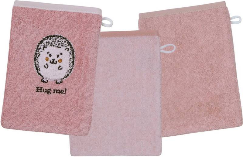 Wörner Waschhandschuh Igel rosa Waschhandschuh 3er Set, (3-St), 1x mit süßer Igelstickerei, 2x unifarben von Wörner